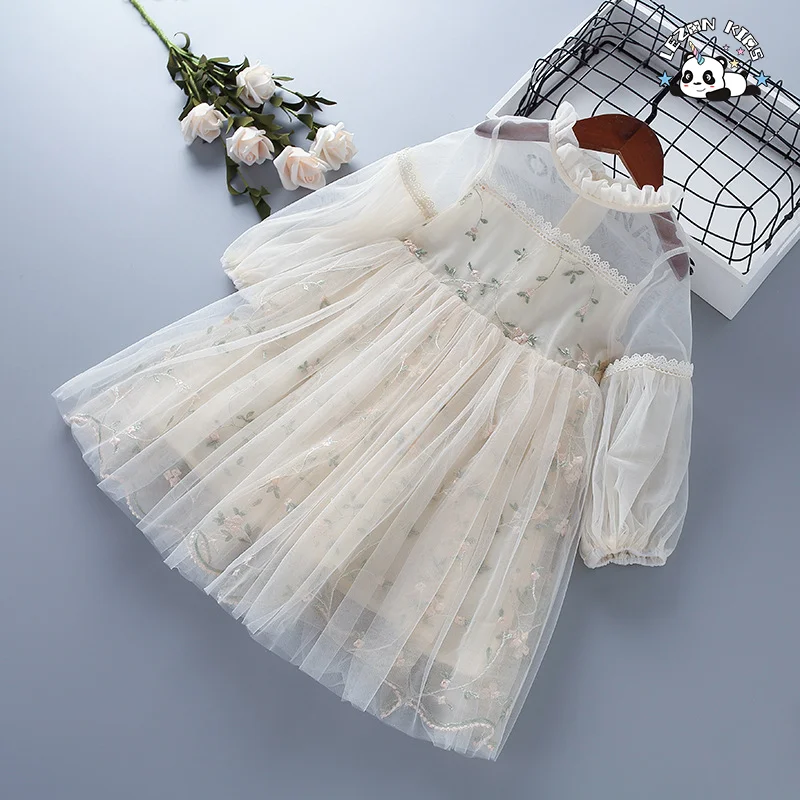 LEZONKIDS - Spring and Autumn New Children's Dress Lace Tulle Embroidery Girl's Puff Sleeve Dress